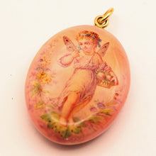 Antique Georgian Victorian pendant locket fairy gold enamel cherub pink (7566)