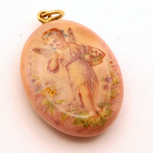 Antique Georgian Victorian pendant locket fairy gold enamel cherub pink (7566)