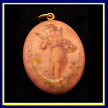 Antique Georgian Victorian pendant locket fairy gold enamel cherub pink (7566)