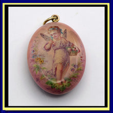 Antique Georgian Victorian pendant locket fairy gold enamel cherub pink