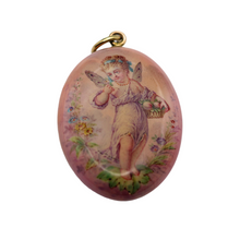 Antique Georgian Victorian pendant locket fairy gold enamel cherub pink (7566)