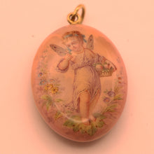 Antique Georgian Victorian pendant locket fairy gold enamel cherub pink (7566)