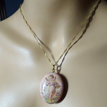 Antique Georgian Victorian pendant locket fairy gold enamel cherub pink (7566)
