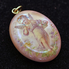 Antique Georgian Victorian pendant locket fairy gold enamel cherub pink (7566)