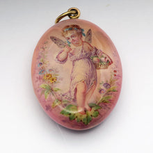 Antique Georgian Victorian pendant locket fairy gold enamel cherub pink (7566)