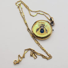 Antique Victorian pendant Cutter case Gold sapphire diamonds Bug Fly chain white background