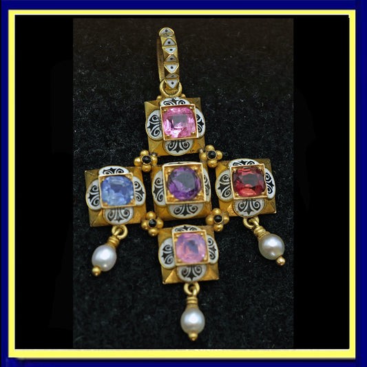 Phillips Antique Revival Cross Pendant Gold Gems Enamel Sapphire Spinel 