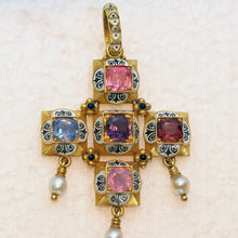 Phillips Antique Revival Cross Pendant Gold Gems Enamel Sapphire Spinel (7592)