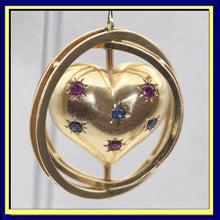 Antique Retro pendant locket gold sapphire ruby heart swivel celestial (7643)