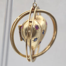 Antique Retro pendant locket gold sapphire ruby heart swivel celestial (7643)
