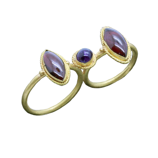 Antique Ancient Greek Hellenistic Double Ring Garnets Amethyst 20k Gold pre Georgian(6030)