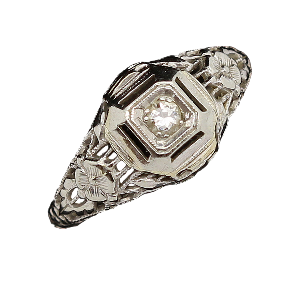 Antique Vintage Engagement Ring 18k White Gold Diamond Art Deco Small (6159)
