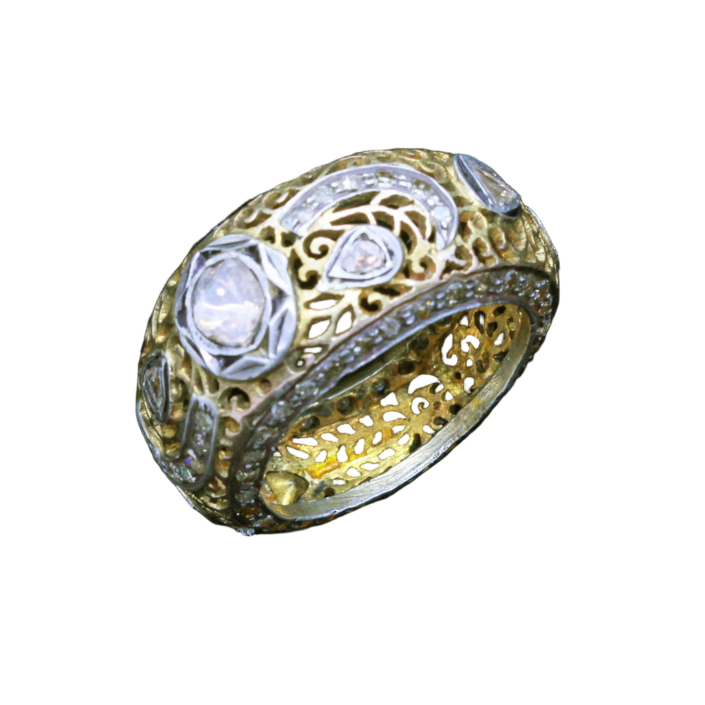 Vintage Ring Gold Silver Diamonds Openwork Unisex Man Woman India c1960s (6821)