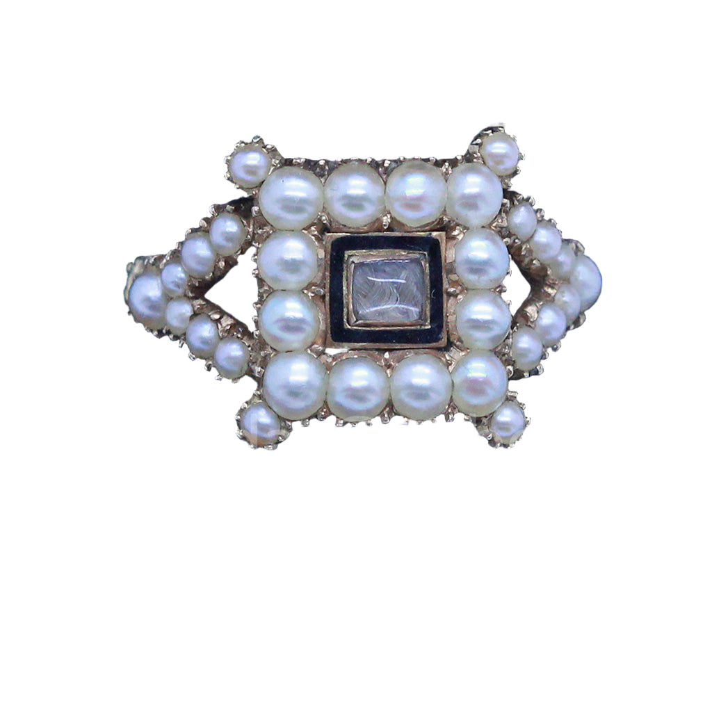 Antique Georgian Ring 15ct Gold Pearls Enamel Hair Mourning Chased Gold (6833)