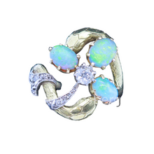 Art Nouveau Ring 18k Gold Platinum Opals Diamonds Snakes Clover French (6898)