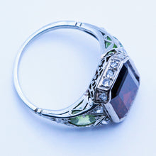 Antique Art Deco Signet Ring 18k Gold Garnet Peridot Diamonds Unisex (7189)