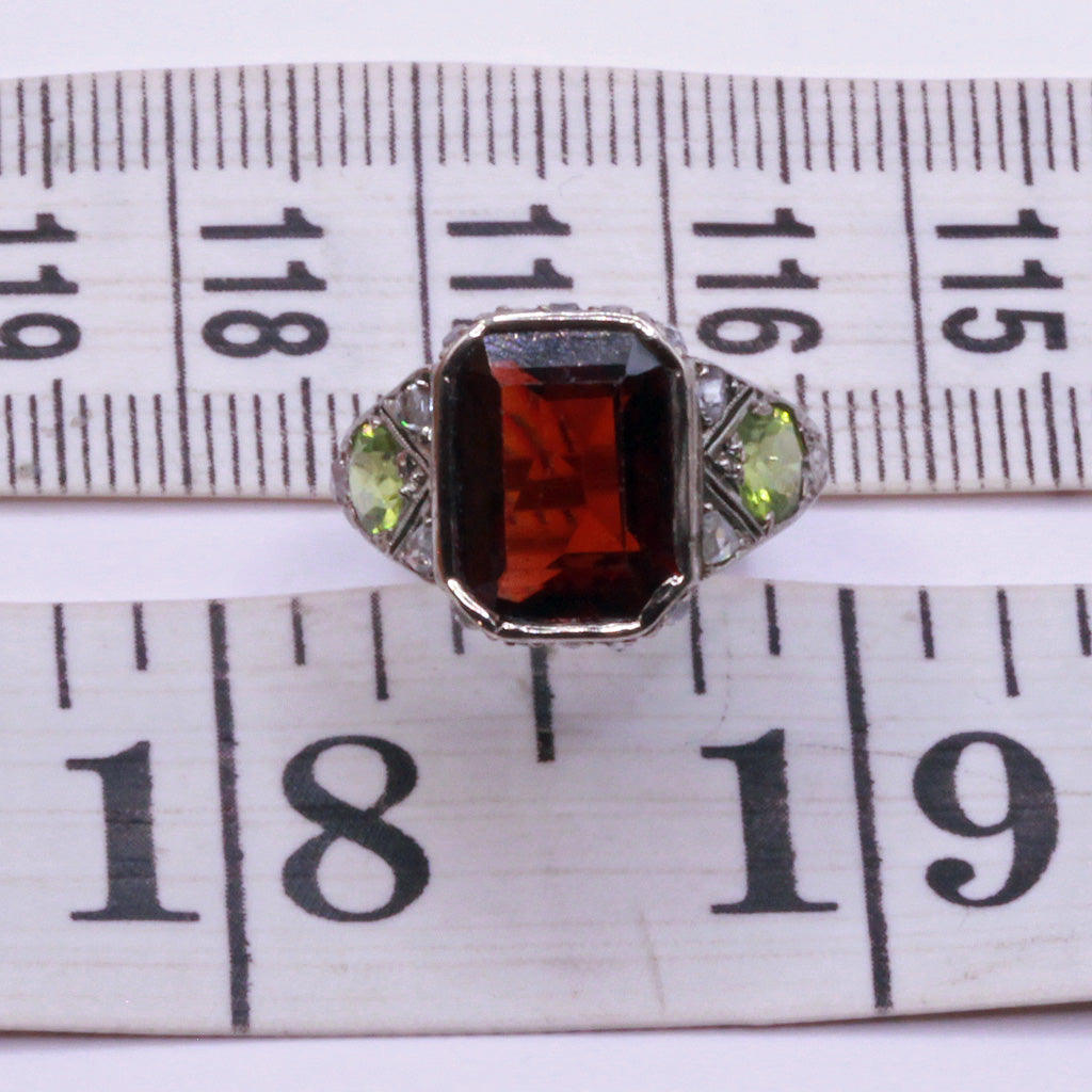 Antique Art Deco Signet Ring 18k Gold Garnet Peridot Diamonds Unisex (7189)