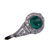 Antique Art Deco Ring Sugarloaf Emerald Diamonds Platinum French Certified (7229)