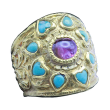 Antique vintage ring gold turquoise ruby large unisex ring hearts repousse (7248)