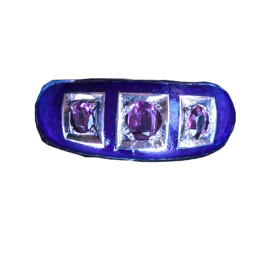 Antique Victorian ring gold almandine garnets blue enamel English unisex (7267)