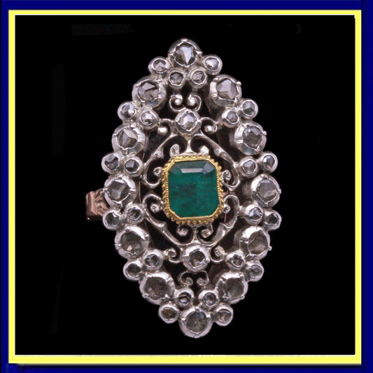 Antique Victorian ring emerald diamonds gold silver openwork Sicily