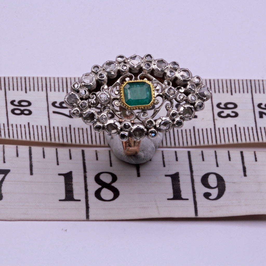 Antique Victorian ring emerald diamonds gold silver openwork Sicily (7303)