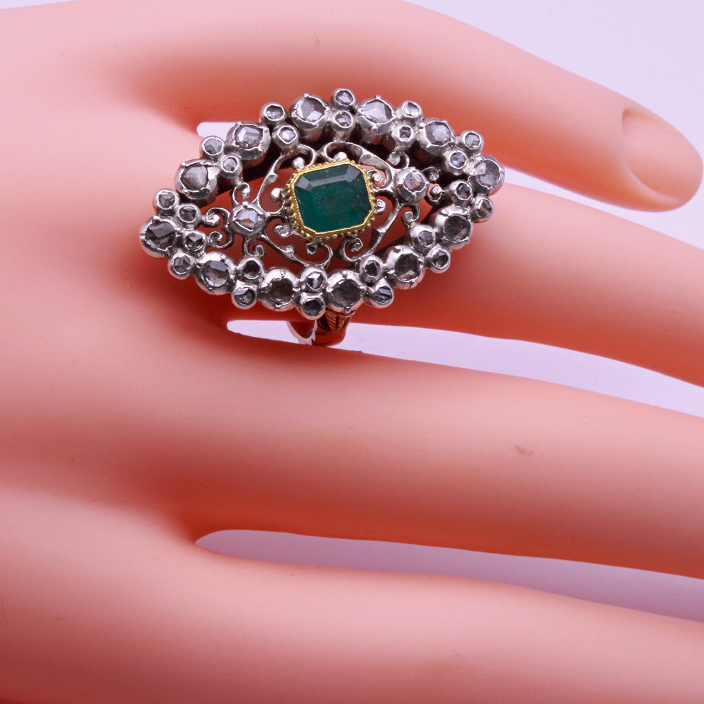 Antique Victorian ring emerald diamonds gold silver openwork Sicily (7303)
