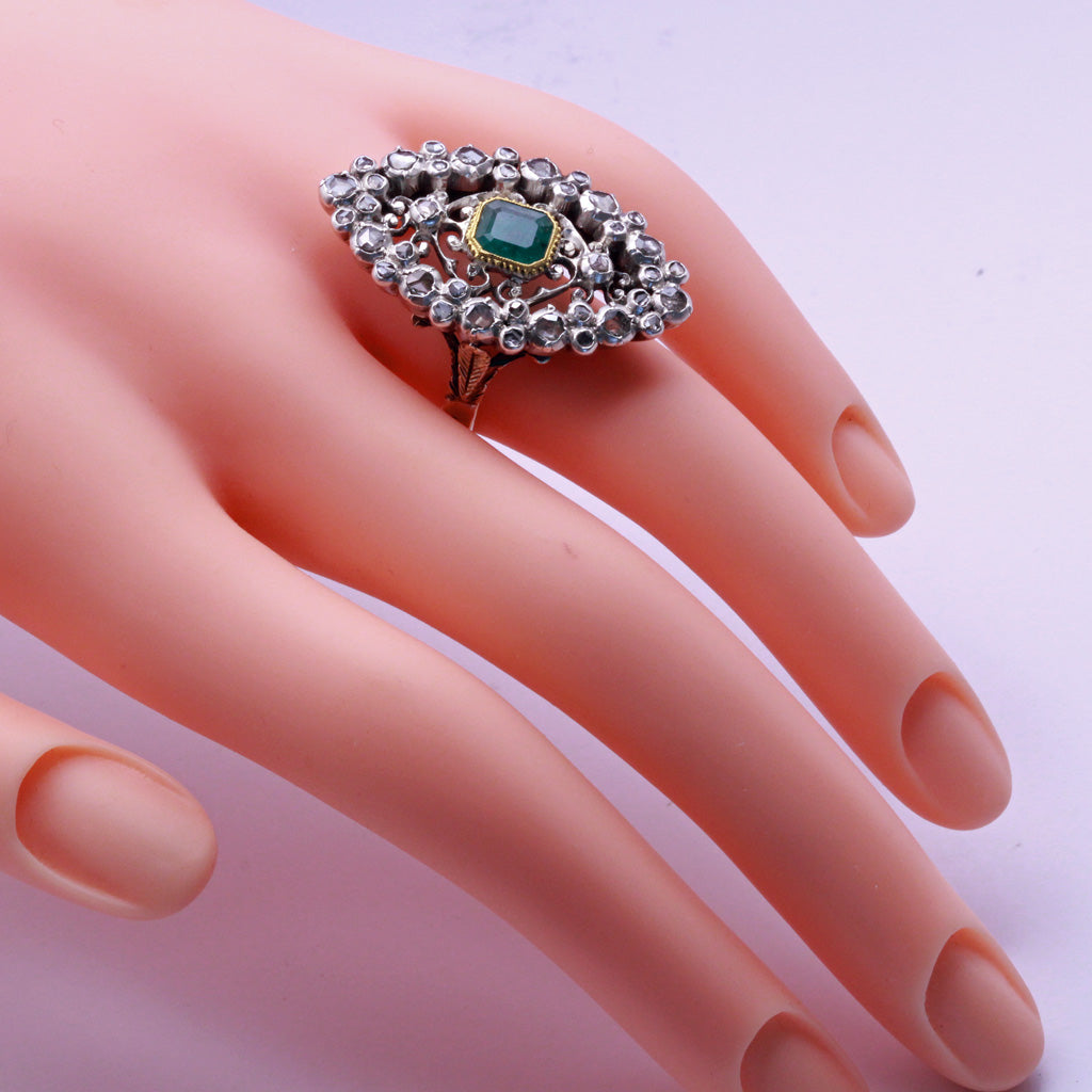 Antique Victorian ring emerald diamonds gold silver openwork Sicily (7303)
