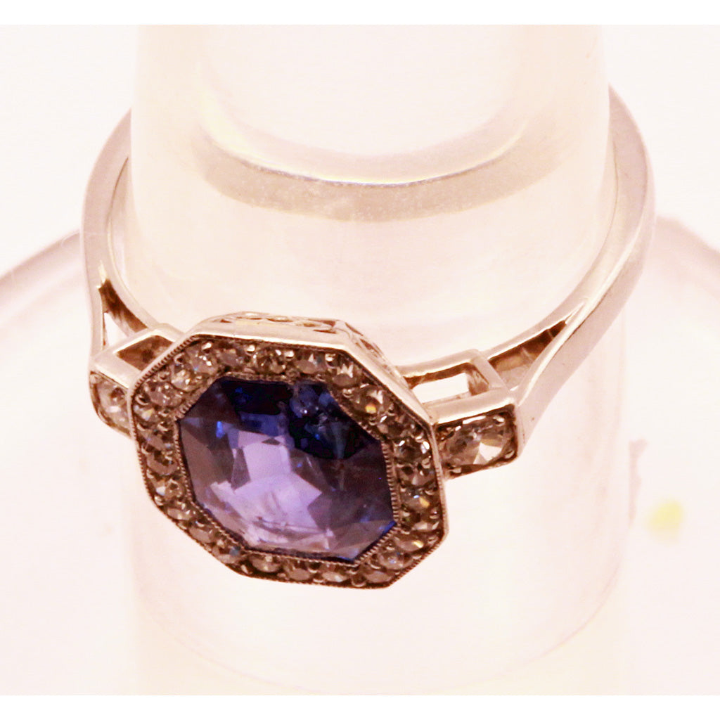 Antique Art Deco ring platinum 3.1ct no heat sapphire diamonds Certified (7316)