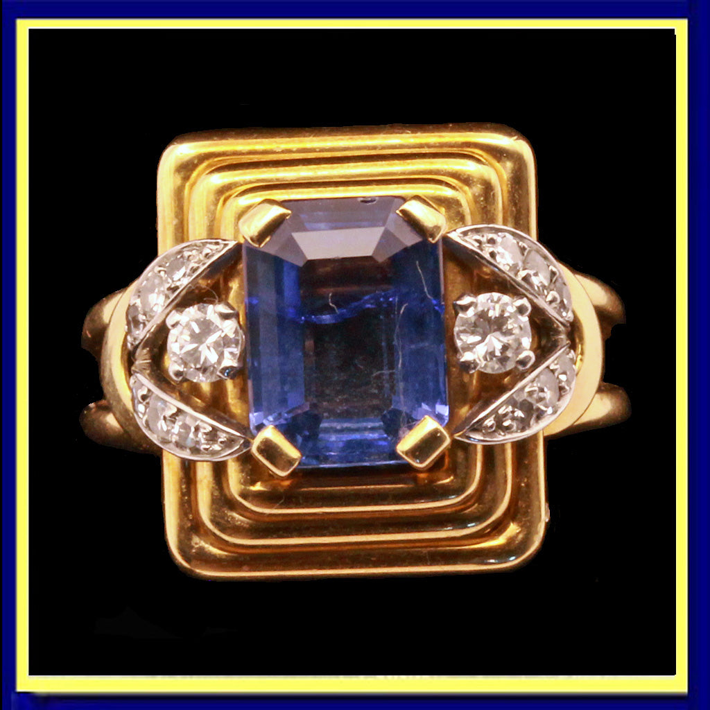 vintage retro ring gold platinum sapphire diamonds french 