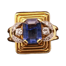 Vintage Retro Ring 18k gold platinum sapphire diamonds French signed 1940's(7317)