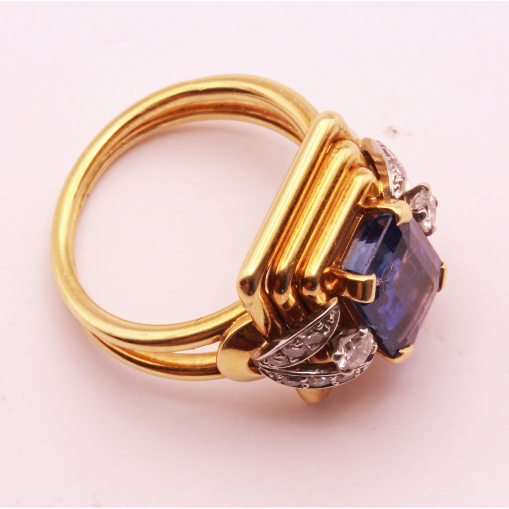 Vintage Retro Ring 18k gold platinum sapphire diamonds French signed 1940's(7317)