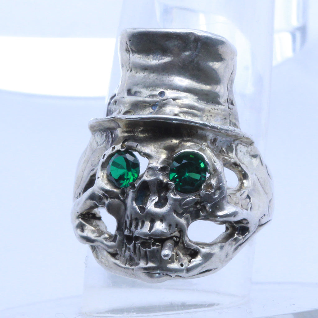 Estate Skull Ring silver Biker jewelry Memento Mori top hat cigar gem eyes (7341)