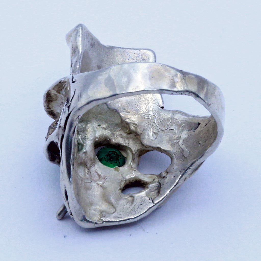 Estate Skull Ring silver Biker jewelry Memento Mori top hat cigar gem eyes (7341)
