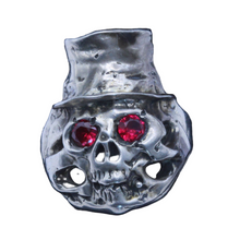 Silver skull ring biker jewelry Goth Death Head Top Hat red eyes (7345)