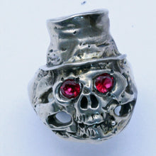 Silver skull ring biker jewelry Goth Death Head Top Hat red eyes (7345)