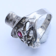 Silver skull ring biker jewelry Goth Death Head Top Hat red eyes (7345)