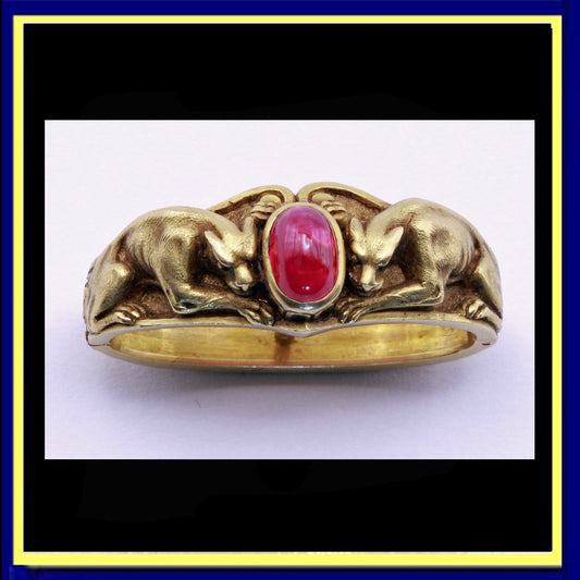antique Art Nouveau scarf pin ring French panthers gold ruby unisex