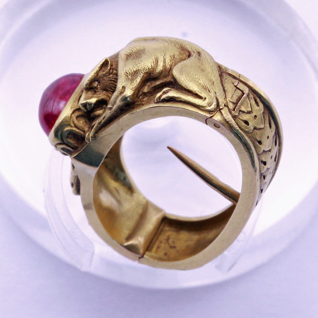 Antique Art Nouveau scarf pin ring French panthers 18k gold ruby Unisex (7355)