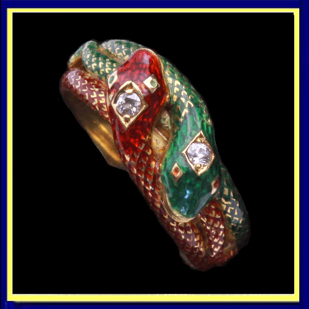 Antique Victorian ring double snake 18k gold enamel diamonds gems Hallmarks(7371)