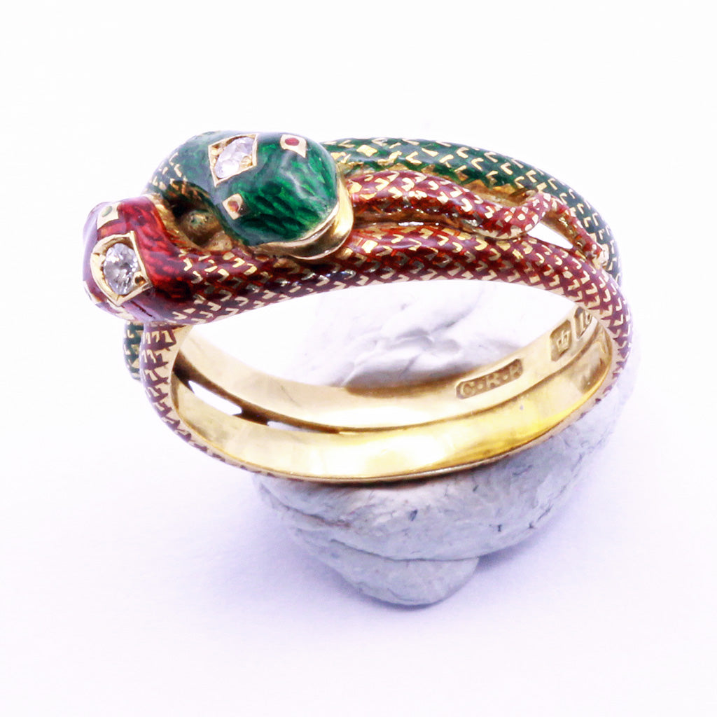 Antique Victorian ring double snake 18k gold enamel diamonds gems Hallmarks(7371)