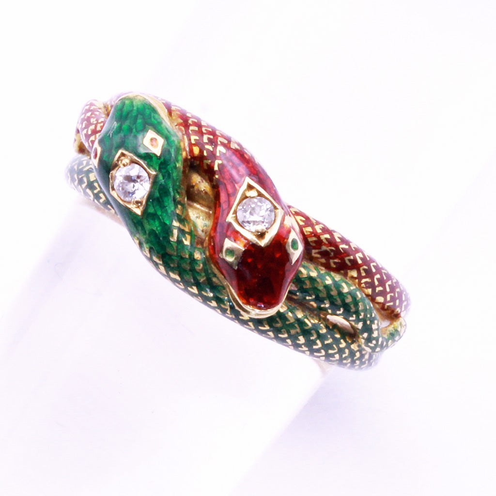 Antique Victorian ring double snake 18k gold enamel diamonds gems Hallmarks(7371)