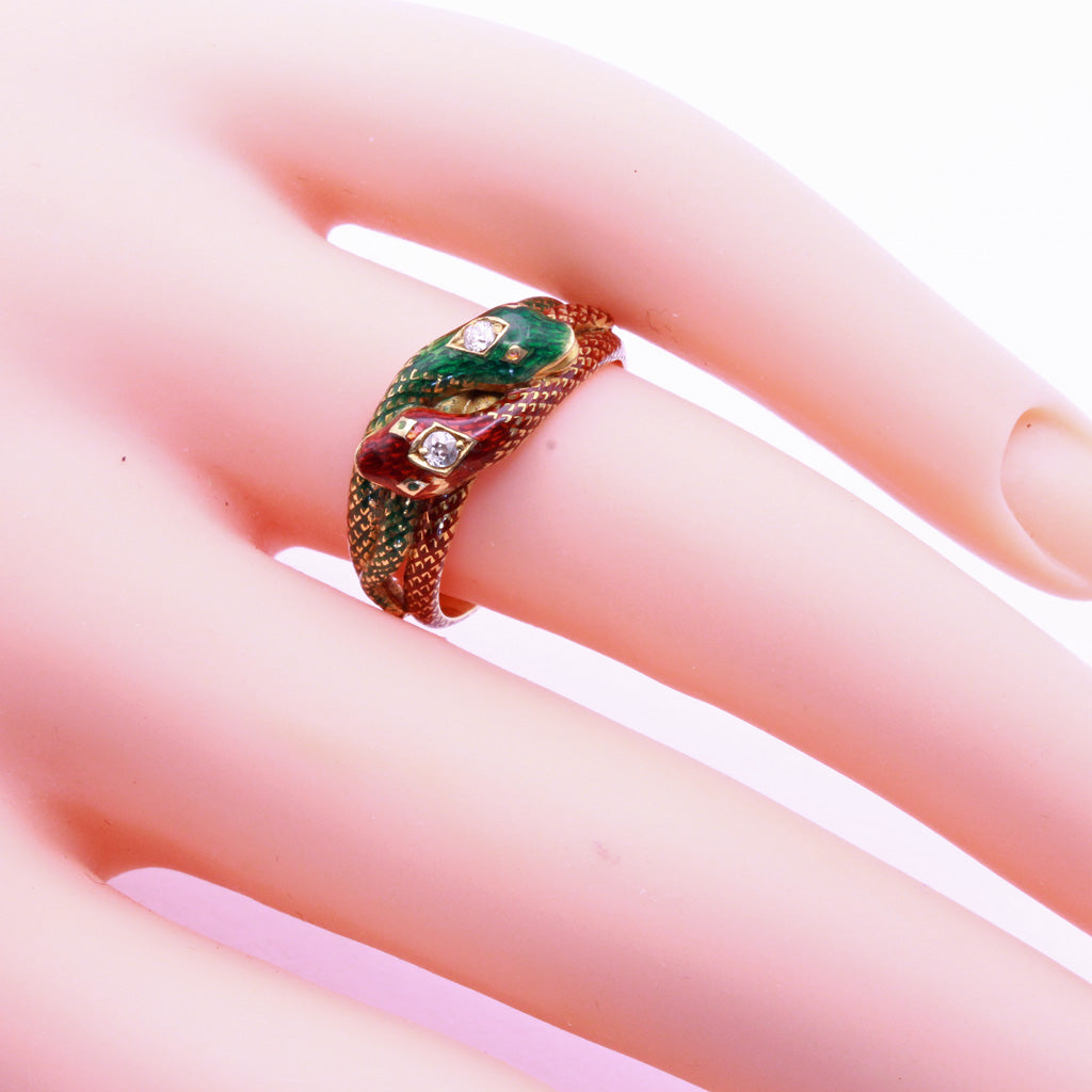 Antique Victorian ring double snake 18k gold enamel diamonds gems Hallmarks(7371)