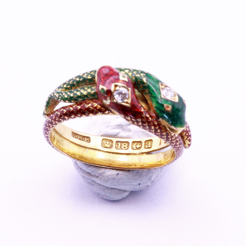 Antique Victorian ring double snake 18k gold enamel diamonds gems Hallmarks(7371)