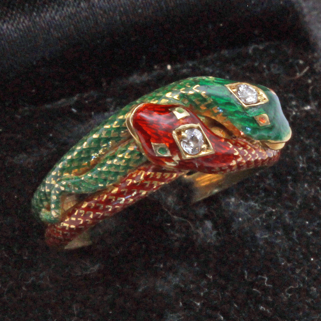 Antique Victorian ring double snake 18k gold enamel diamonds gems Hallmarks(7371)