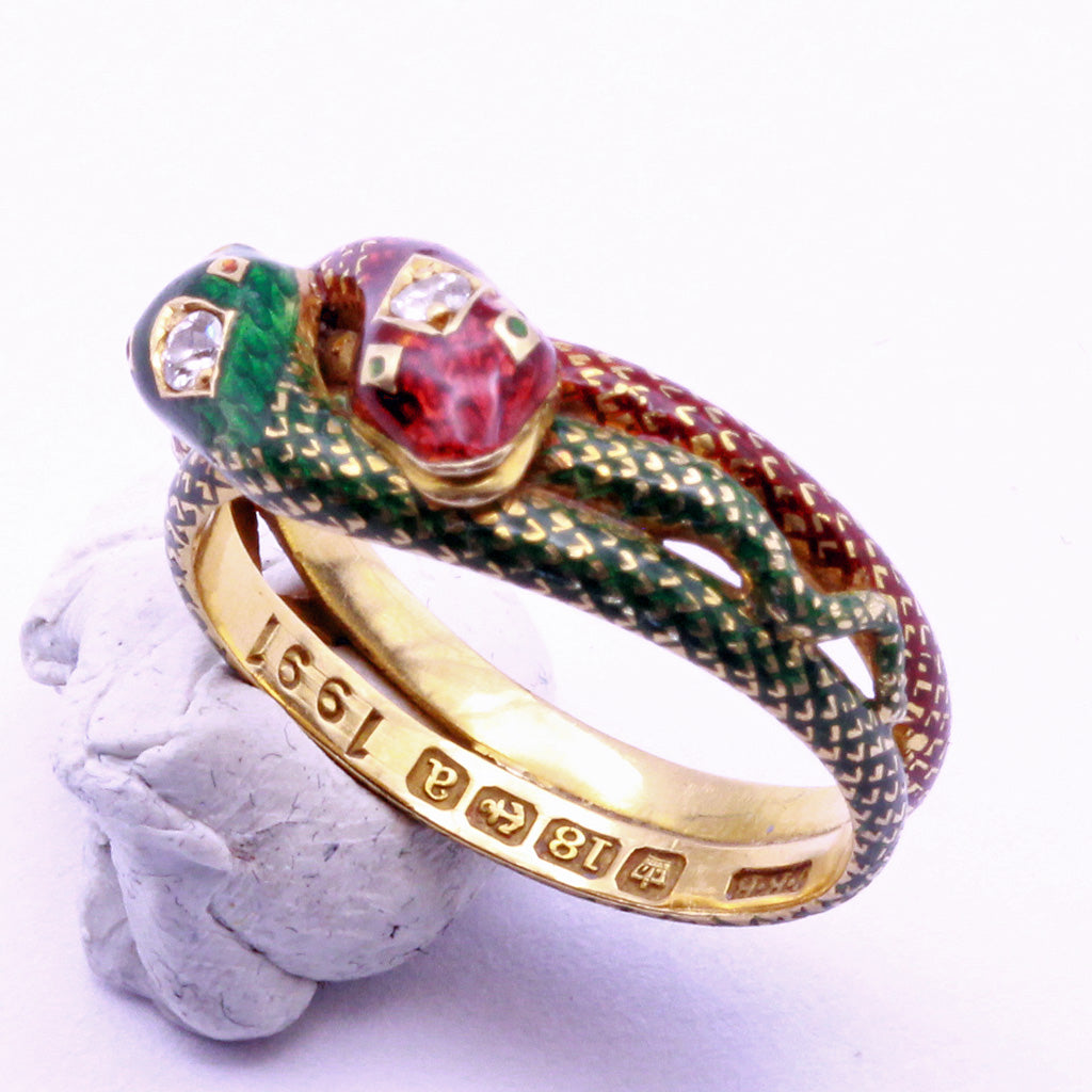 Antique Victorian ring double snake 18k gold enamel diamonds gems Hallmarks(7371)