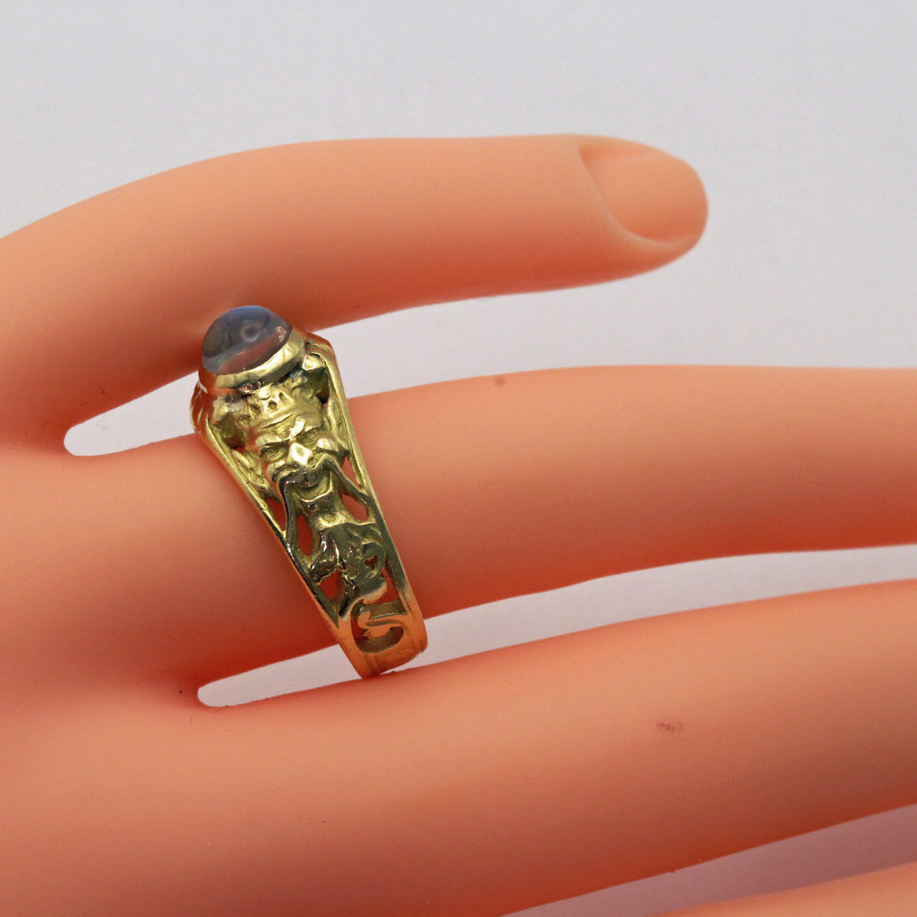 Antique Victorian Art Nouveau Ring 18k gold moonstone satyr Masks French (7403)