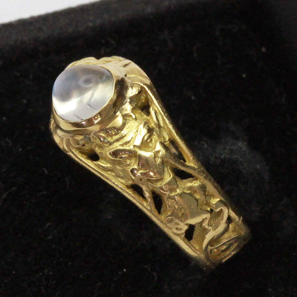 Antique Victorian Art Nouveau Ring 18k gold moonstone satyr Masks French (7403)