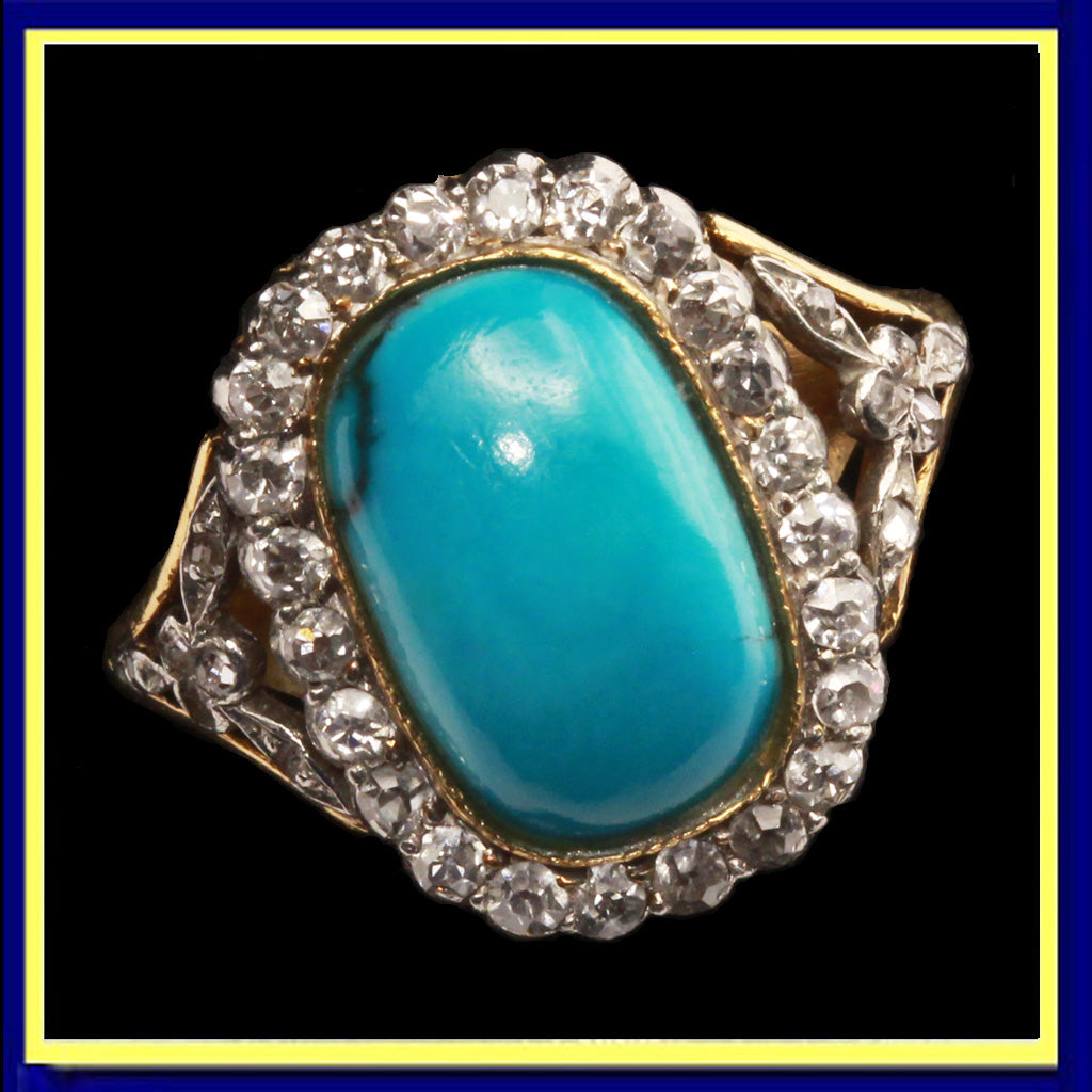 antique Edwardian ring gold platinum natural turquoise diamonds French