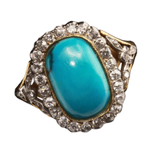Antique Edwardian ring gold platinum natural turquoise diamonds French (7409)